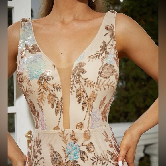 Luxe party bridesmaids wedding prom mesh insert sequins gown dress - Picture 5 of 8